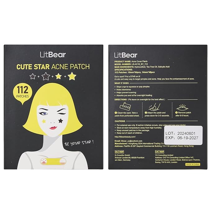 LitBear Acne Patch Pimple Patch, Black & Yellow Star Shaped Acne Absorbing Cover Patch, Hydrocolloid Acne Patches For Face Zit Patch Acne Dots, Tea Tree Oil + Centella, 112 Patches, 14mm & 10mm