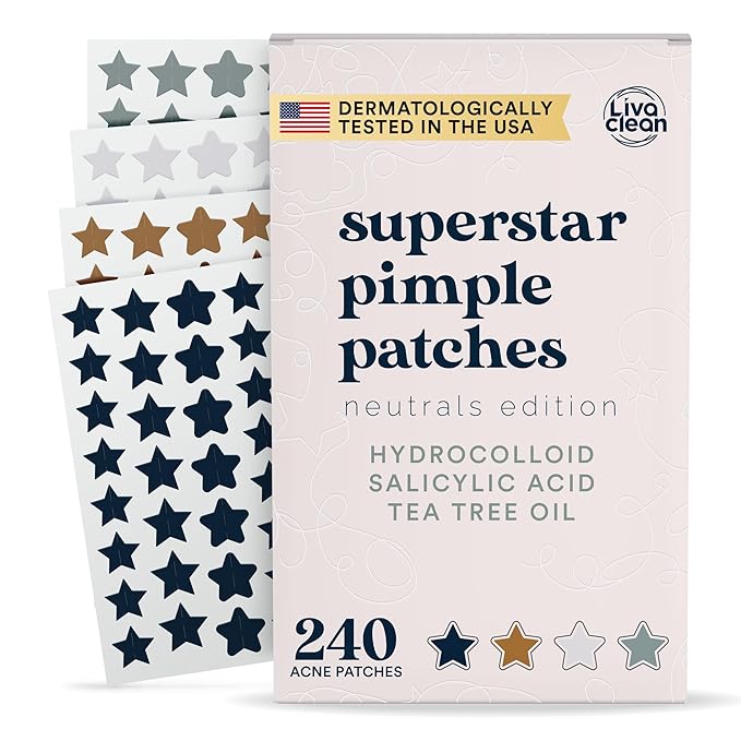 LivaClean 240 CT Neutrals Pimple Patches for Face w/Salicylic Acid & Tea Tree, Hydrocolloid Acne Patches Cute Star Pimple Patch for Healing, Cute Face Stickers, Zit Patch