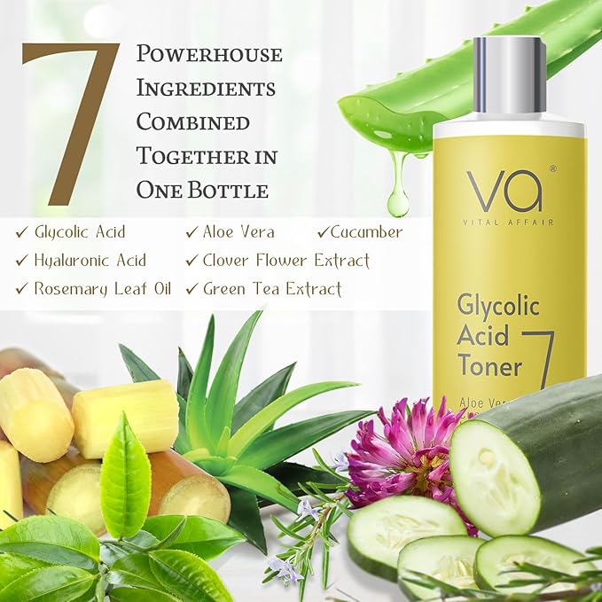 Glycolic Acid Toner for Face - Anti Aging, Pore Minimizer for Face, Exfoliating Toner - with Aloe Vera, Cucumber, Hyaluronic Acid - AHA - Alcohol Free - for All Skin Types - by Vital Affair.