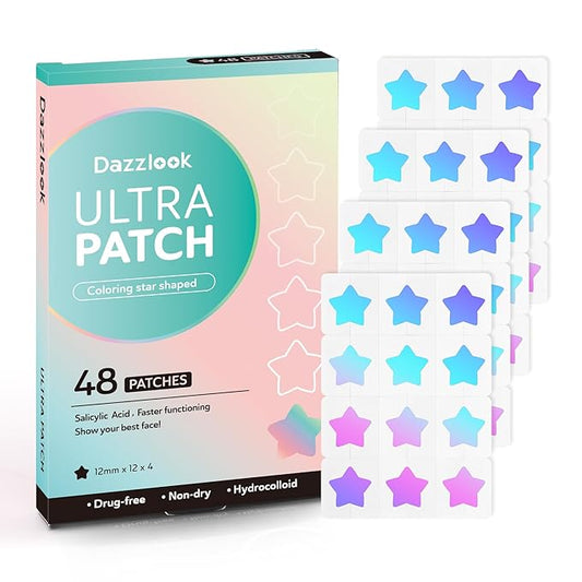 Cute Blue Star Acne Patch with Salicylic Acid, Hydrocolloid Pimple Stickers Iridescent Colors 48 Pcs, Fashion Zits Blemishes Breakouts Patches