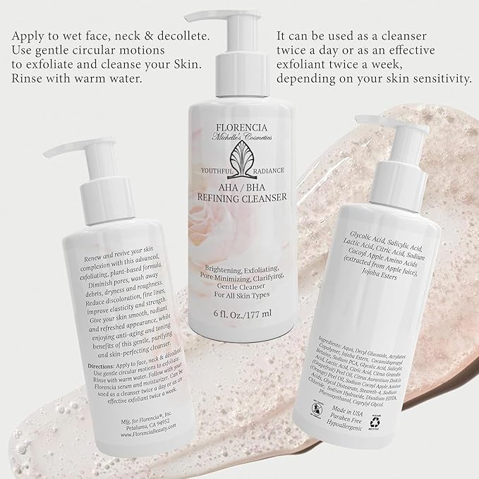 Florencia AHA BHA Refining Cleanser - Gentle Daily Exfoliating Face Wash with Glycolic, Salicylic, Lactic Acid, and Jojoba Beads - Pore Perfecting Facial Cleanser, 6 oz