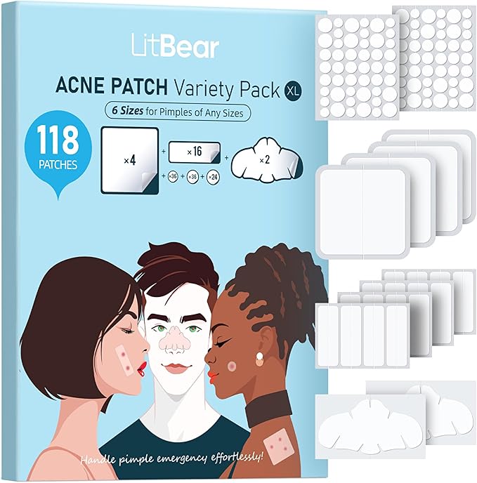 LitBear Large Pimple Patches for Face (6 Sizes 118 Patches), Big Hydrocolloid Acne Patches, XL Hydrocolloid Bandages for Body, Cheek, Forehead, Chin, Full Face, Back, Nose