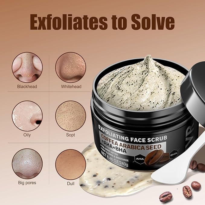 Face Scrub for Men, Facial Scrub for Deep Exfoliating, Cleansing, Removing Blackheads, Ingrown Hairs, Pre-shave Soften, Organic Formulated with Coffee Extract, AHA and BHA Face Exfoliator (8.46 oz)