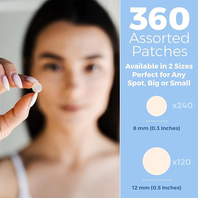 Acne Patches for Face - Hydrocolloid Bandages (360 Count) Pimple Patches for Face in 2 Universal Sizes, Acne Spot Treatment Care for Face & Skin Spot Patch Conceals Zits, Acne and Blackheads