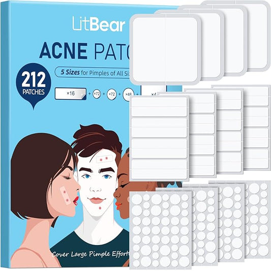 LitBear Large Pimple Patches, 5 Sizes 212 Counts Big Acne Patches for Face, Forehead, Body and Back, Hydrocolloid Bandages for Zits, Blemishes and Large Breakouts, Hydrocolloid Patch Pimple Stickers