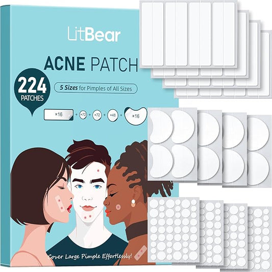 LitBear Large Pimple Patches, 5 Size 224 Count Big Acne Patches for Face, Chin, Forehead and Body, Zit Patches for Dots, Blemishes and Large Breakouts, Hydrocolloid Patch (XL Strip, Contoured, Round)