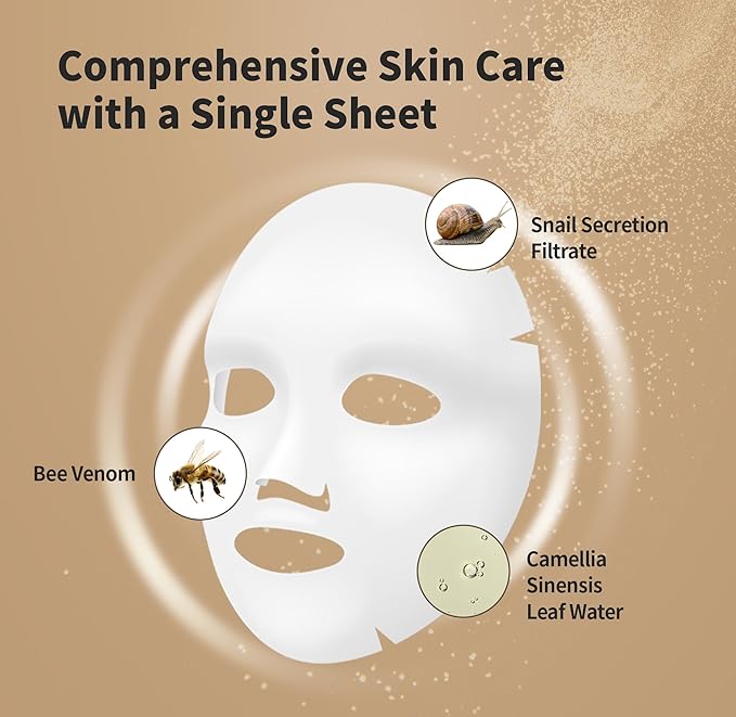 BENTON Snail Bee High Content Mask Pack (20g / 10 Sheets) - Snail Mucin Face Mask With Bee Venom | Korean Skin Care Face Mask Sheets For Moisturizing, Soothing and Nourishing