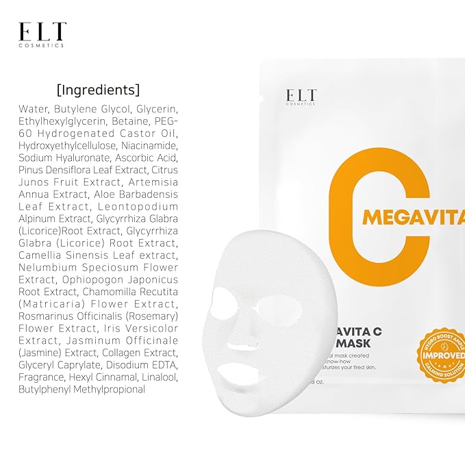 ELT Mega Vitamin C Sheet Mask, (25 g / 0.88 oz.) 10 EA Korean Face Mask, Brightening Sheet Mask, Soothing Facial Mask, Wrinkle Fighting, Deep Collagen Mask, Korean Skin care