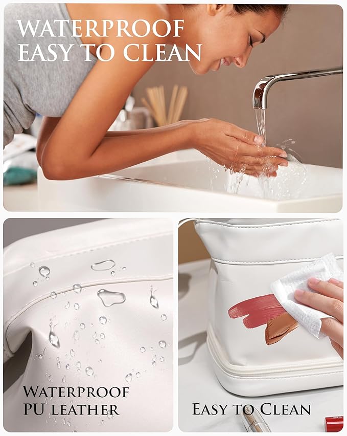 Girl Gift Ideas, White Makeup Bag, Initial Double Layer Cosmetic Bag with Makeup Brush Organizer, PU Leather Travel Toiletry Bag Gifts for Women Her Friend Sister Mom Gifts