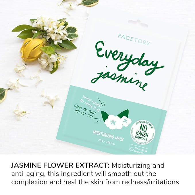 FACETORY K Beauty Face Mask Skin Care - Everyday JASMINE Moisturizing Sheet Mask | Plant-Based with Jasmine Infusion (10 Pack)