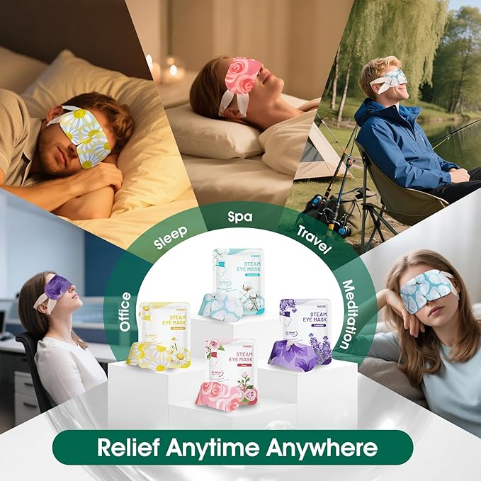 60 Pack Steam Eye Masks Disposable for Dry Eyes, Heated Eye Mask Warm Compress for Eyes, Relaxation Gifts, Travel Essentials - Lavender, Unscented, Chamomile, Rose