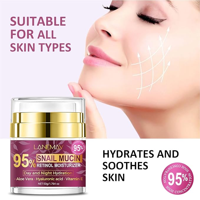 95% Snail Mucin Retinol Cream, Snail Repair Cream for Improving Fine Lines & Dryness, Skin Elasticity, Day and Night Hydration with Aloe Vera, Hyaluronic and Vitamin E, 1.76 Oz