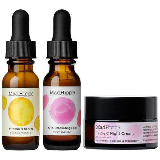 Mad Hippie Skin Brightening Kit – Vitamin C Serum, AHA Exfoliating Peel + Triple C Night Cream, Travel Essentials
