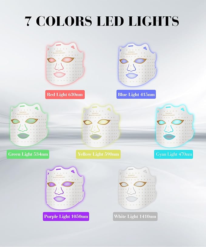 Red Light Therapy for Face, 7 Colors LED Face Mask Light Therapy At Home, Led Face Mask Light Therapy, White