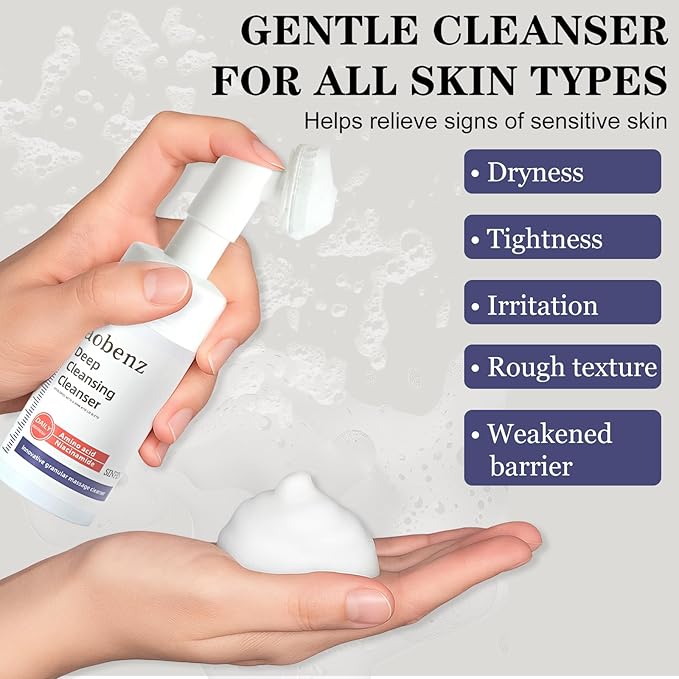 SINPIN aobenz Gentle Face Cleanser with Scrubber - Foaming Facial Cleanser for Dry, Sensitive, Oily, Acne Skin | Natural Face Wash for Women & Men, Niacinamide & Hyaluronic Acid | Hydrating, 3.38 FL