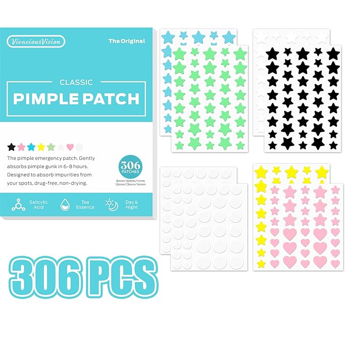 Zit Patches,Hydrocolloid Star Pimple Patches for Face,Acne Patches for Face,Invisible Blemish Patches with Tea Tree, Salicylic Acid and Centella Asiatica 306 Count,Vegan,Suitable for All Skin Types