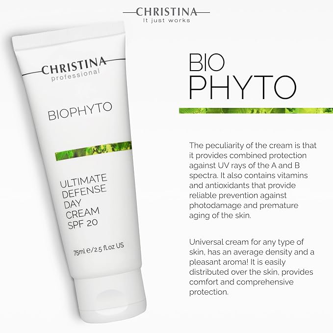 Christina Bio Phyto Ultimate Defense Day Cream Moisturizer with SPF 20-75 ml - Broad Spectrum UVA/UVB Protection Facial Moisturizer with Hyaluronic Acid & Vitamin B12- For Normal & Combination Skin