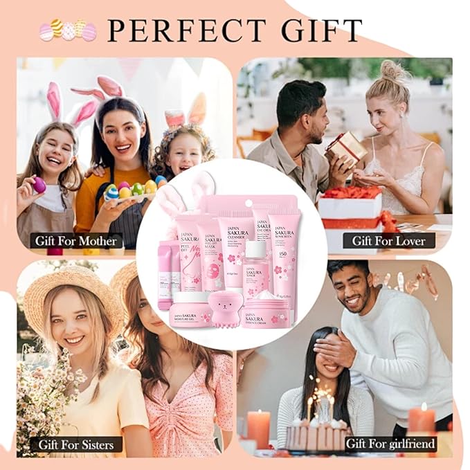 Skincare Kit Sakura Teen Girls Gifts - Skin Care Set Travel Size Toiletries - Sakura Skin Care for Teens 10-12 Hydrating - Teen Facial Kit Gift Set for Women with Bunny Headband(11PCS)
