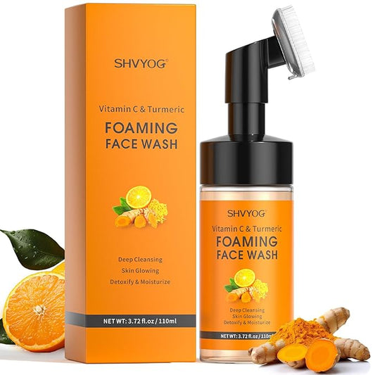 SHVYOG Vitamin C Turmeric Face Wash, Turmeric Foaming Facial Cleanser for Dark Spot, Uneven Skin Tone, Skin Cleansing, Moisturizing, Exfoliating Facial Cleanser with Brush,Unisex