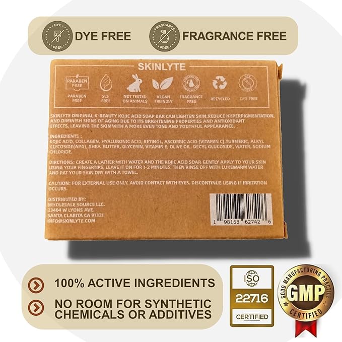 Kojic Acid Soap Natural -Fragrance Free and Dye Free- Dark Spot Remover Hyperpigmentation Corrector K-Beauty Formula - Turmeric, Glycerin, Collagen, Hyaluronic Acid, Retinol (2 Pack) 7oz.