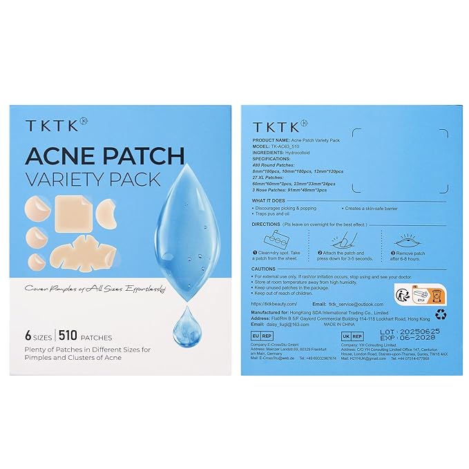 TKTK Pimple Patches for Face, 6 Sizes Hydrocolloid Acne Patch Variety, Large Acne Stickers for Cheeks, Forehead, Chin, Nose, Back Blemishes Zit Breakouts (4 Shapes 510 Count)