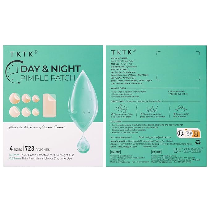 TKTK Bulk Pimple Patches for Face, 723 Patches 4 Size Acne Patches Day and Night, Hydrocolloid Patch Thin & Thick Pimple Stickers for Covering Zits, Blemishes and Breakouts