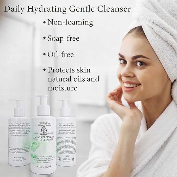 Florencia Botanical Marine Gentle Cleanser - Non-Foaming, Soap-Free, Hydrating Oil-Free Face Wash for Dry to Normal Skin - With Marine Algae & Organic Botanicals - Sensitive Skin, 6 oz