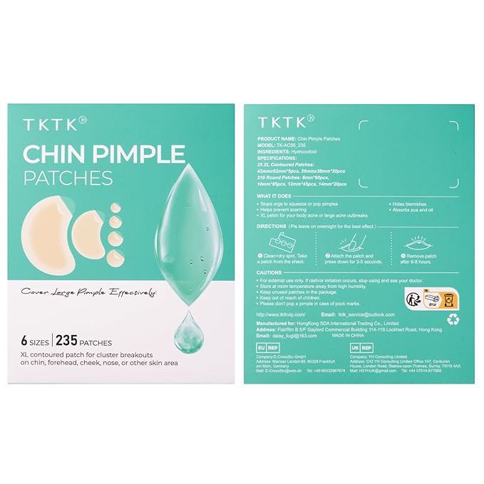 TKTK Chin Pimple Patches (235 Count 6 Sizes), XL Contoured Hydrocolloid Chin Patch 62x42 mm, Large Acne Patch for Face Blemishes Zit Breakouts, Maximum Absorption Overnight Stickers