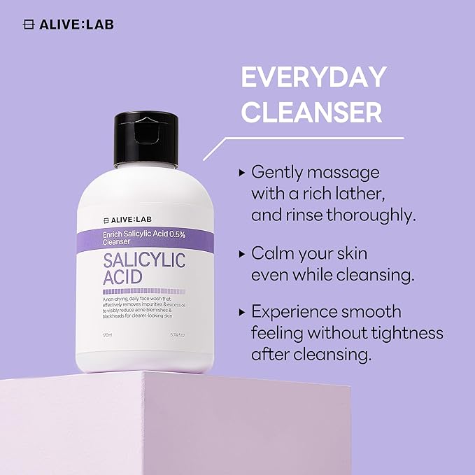 ALIVELAB Enrich Salicylic Acid 0.5% Cleanser for Acne-Prone Skin – Deep Cleansing Foam Face Wash with BHA – Oil Control, Gentle Exfoliating, Helps Reduce Pimples & Clogged Pores (5.74 fl.oz)