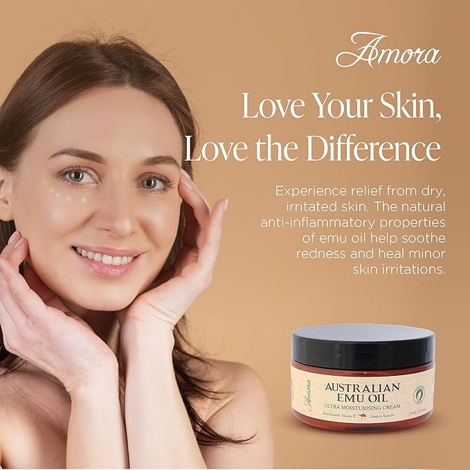 Amora Cosmetics Australian Emu Oil Cream for Face and Body (8.45 oz), Pharmaceutical Grade Emu Cream, Super Strength Moisturizer Lotion, Made in Australia