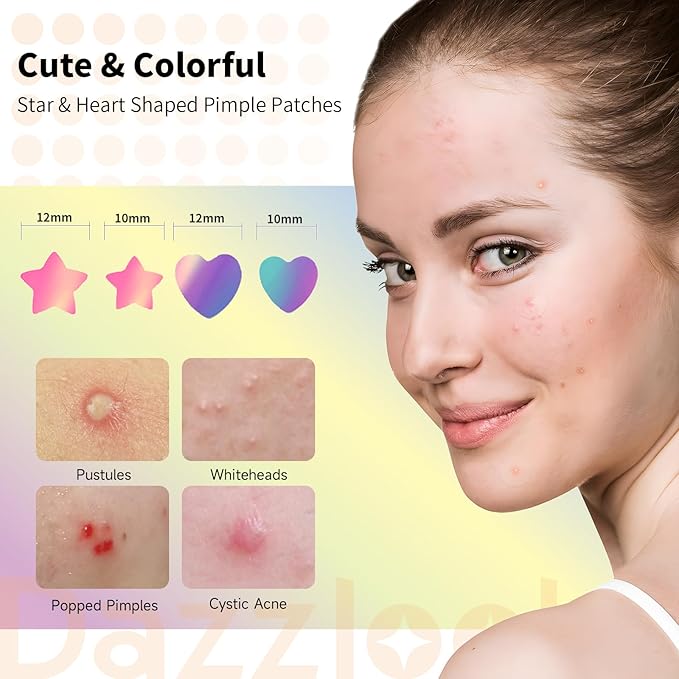 Star Acne Patch with Salicylic Acid Tea Tree Oil & Centella Asiatica, Hydrocolloid Pimple Stickers Iridescent Colors 96 Pcs 2 Sizes, Cute Star Heart Shaped Zits Blemishes Breakouts Patches