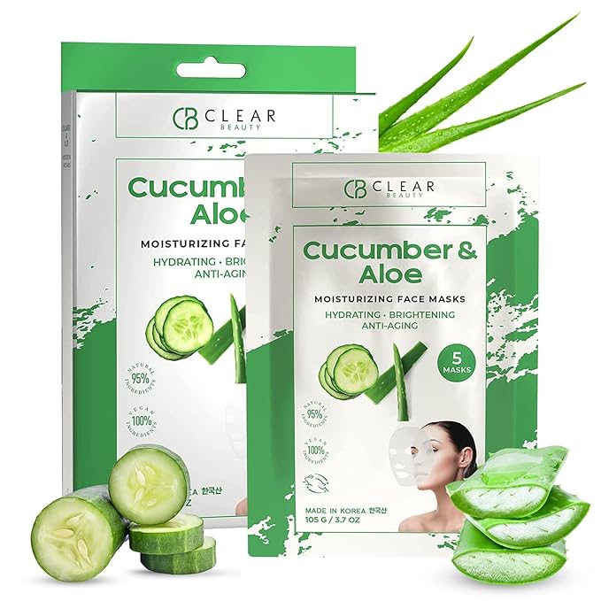 Cucumber & Aloe Moisturizing Face Mask - Dermatologist Tested, Soothes Irritated Skin, Reduces Wrinkles & Fine Lines, Hydrating, Cruelty-Free Korean Skin Care - All Skin Types - 4 Pack