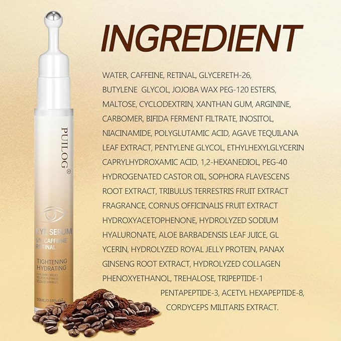 5% Caffeine & Retinal Eye Serum Roller - Undereye Dark Circle Treatment, Puffiness & Wrinkle Reduction, Gel-Based Formula Eye Cream, 0.51 fl oz