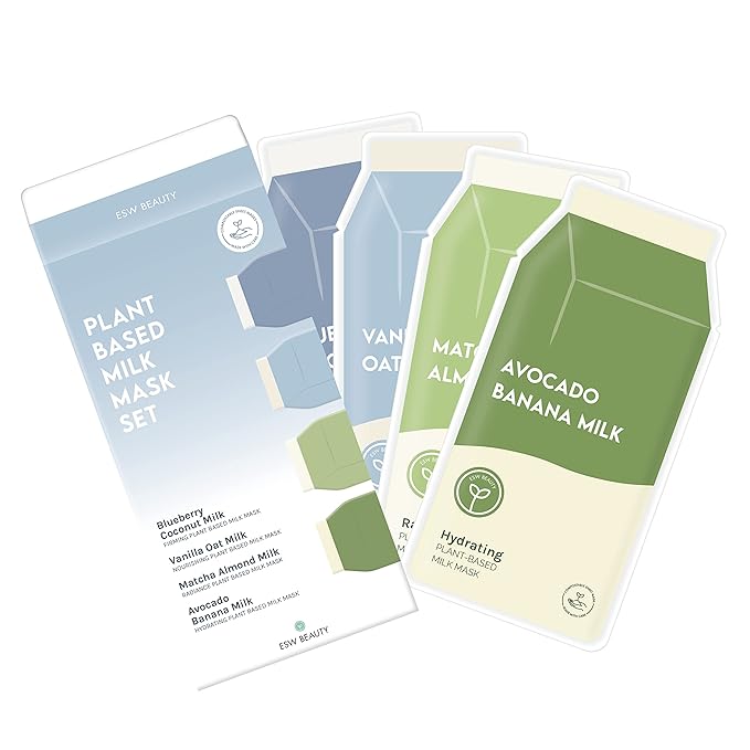 ESW Beauty Plant-Based Milk Face Masks - 4-Pack Variety Set - Hydrating, Radiance, Firming & Soothing with Avocado, Matcha, Blueberry, Vanilla & Oat Extracts for All Skin Types