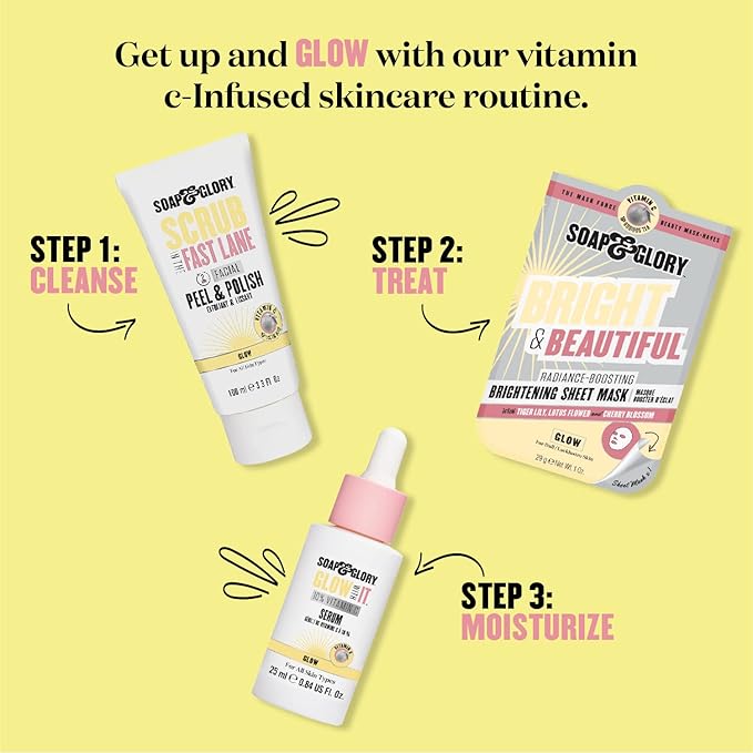 Soap & Glory in The Glow How Vitamin C 5% Glycolic Acid Exfoliating Tonic - Gentle Glycolic Acid Toner + Chamomile Extract - Pore Exfoliating Toner + Glow Tonic for Brighter, Healthier Skin (200ml)