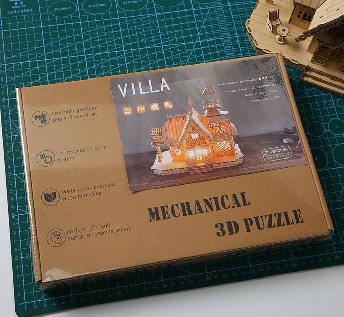 3D Wooden Puzzles for Adults 267pcs Vintage LED Light Villa DIY Wooden Assembly Kit for Teens Home Decor
