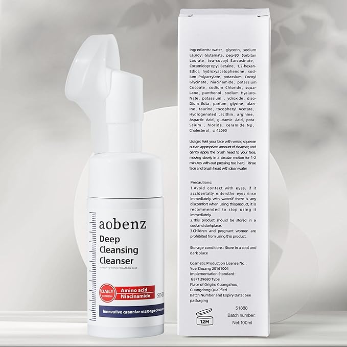 SINPIN aobenz Gentle Face Cleanser with Scrubber - Foaming Facial Cleanser for Dry, Sensitive, Oily, Acne Skin | Natural Face Wash for Women & Men, Niacinamide & Hyaluronic Acid | Hydrating, 3.38 FL