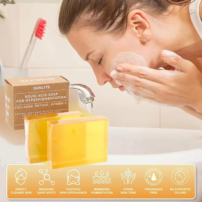 Kojic Acid Soap Natural -Fragrance Free and Dye Free- Dark Spot Remover Hyperpigmentation Corrector K-Beauty Formula - Turmeric, Glycerin, Collagen, Hyaluronic Acid, Retinol (2 Pack) 7oz.