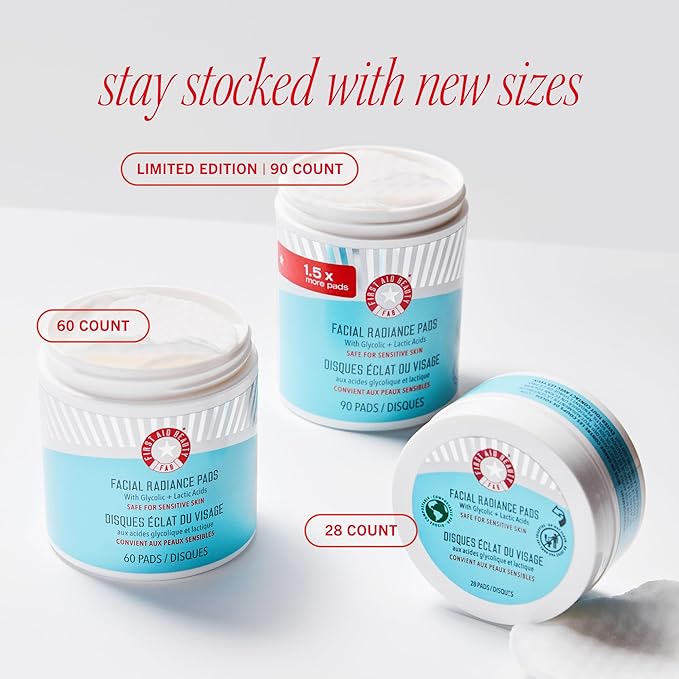 First Aid Beauty - Facial Radiance Pads with Glycolic & Lactic Acids, Daily Exfoliating Pads with AHA that Help Tone & Brighten Skin, Makeup Prep Pads, Compostable for Daily Use, 60 Pads, 2ct