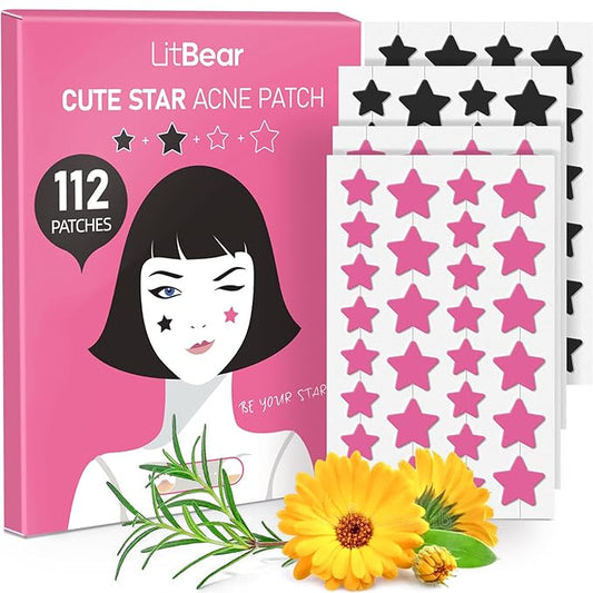 LitBear Star Pimple Patches, Black & Pink Hydrocolloid Acne Patch with Tea Tree Oil & Centella, Cute Pimple Stickers Zits Patch For Face Blemished Spot Patch Acne Dots, 112 Patches, 14mm & 10mm