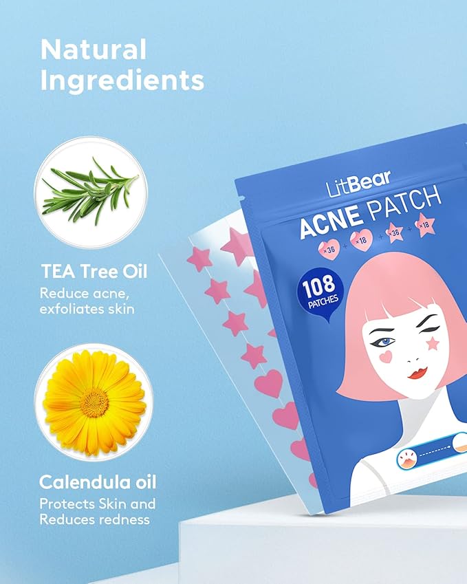 LitBear Acne Patch Pimple Patch, Pink Heart & Star Shaped Absorbing Cover Hydrocolloid Patches For Face Zit, Acne Dots, Tea Tree Oil + Centella (108 Count (Pack of 1))