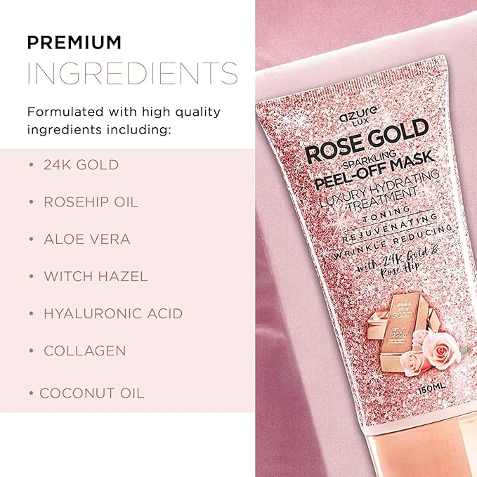 AZURE Sparkling Peel-Off Masks Bundle - Rose Gold Hydrating Peel-Off Mask - 24K Gold Firming Peel-Off Mask - Charcoal & Pearl Anti-Aging Skincare - 150 ml / 5.07 fl.oz