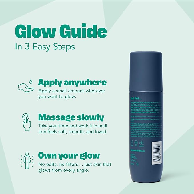 Skin Perfecting Body Blemish Treatment Lotion, AHA & BHA Glycolic Acid Body Lotion for Butt Blemish, Dark Spots, and Radiant Glow, It's Glowtime by Hey Sweet Cheeks, 6.76 oz