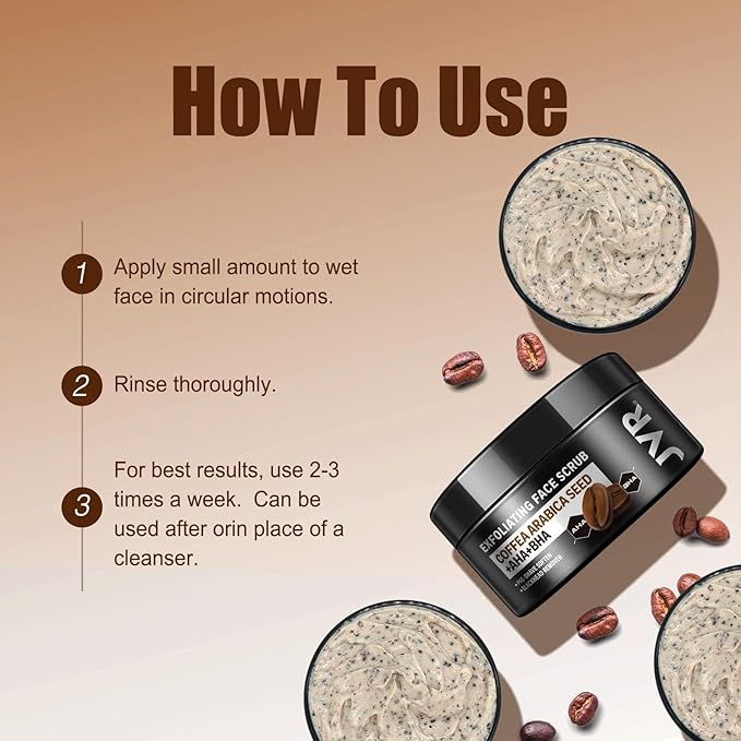 JVR Face Scrub for Men, Facial Scrub for Deep Exfoliating, Cleansing, Removing Blackheads, Ingrown Hair, Pre-shave Soften, Organic Formulated with Coffee Extract, AHA and BHA Face Exfoliator (4.23 oz)