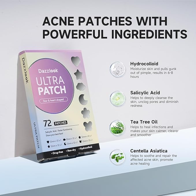 Cute Star Acne Patch with Salicylic Acid, Mix Shapes Hydrocolloid Pimple Stickers Iridescent Colors 72 Pcs, Fashion Zits Blemishes Breakouts Patches