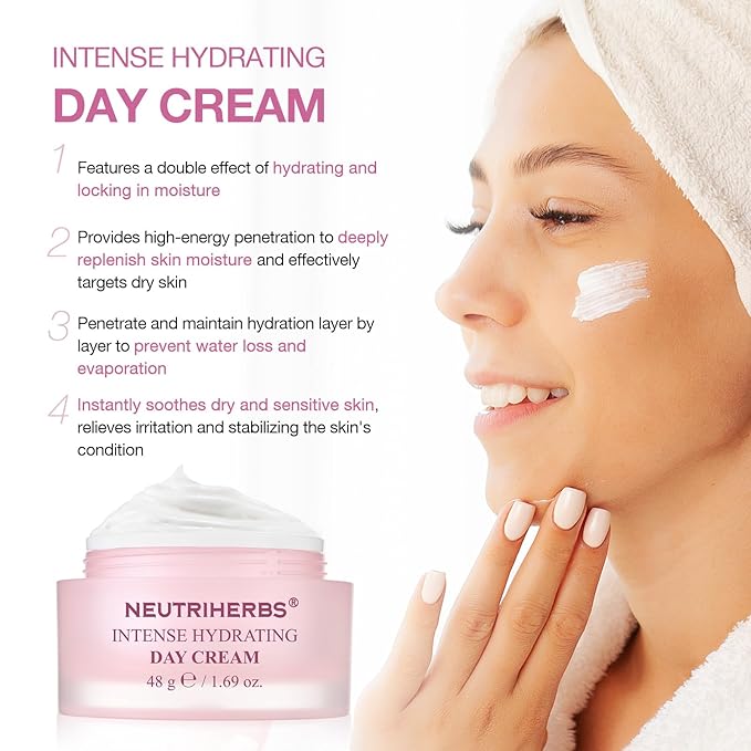 Neutriherbs Intense Hydrating Day Cream,Face Moisturizer with Hyaluronic Acid,Shea Butter,Centella,Sooth Nourish Moisturize Skin,Lightweight Face Cream for Dry or Sensitive Skin - 1.69oz
