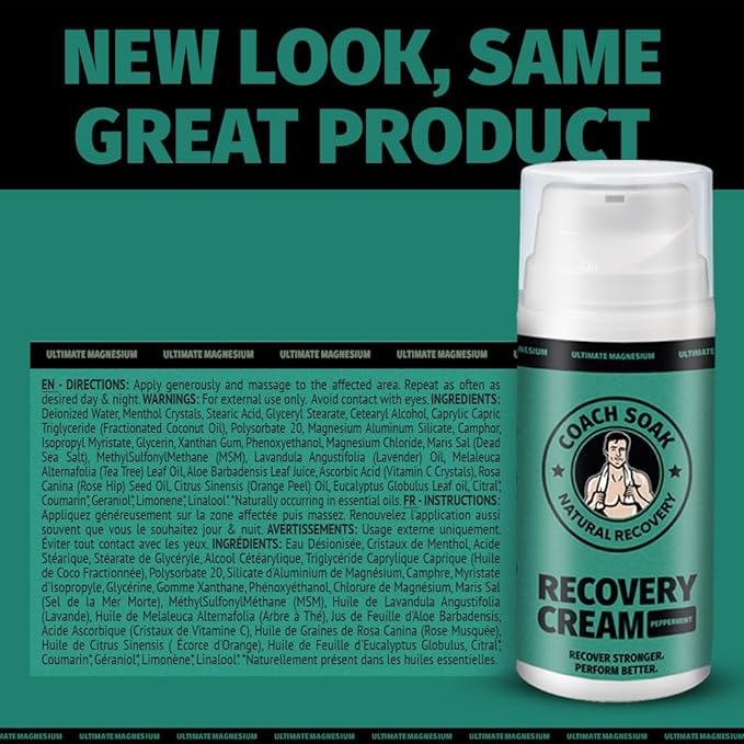 Coach Soak Magnesium Cream with MSM in Pump Bottle - Natural Recovery Cream with Magnesium Chloride & Menthol - Fast-Absorbing for Muscles & Joints, Cooling Menthol, 3.4oz