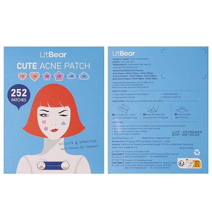 LitBear Acne Pimple Patch, 252 Dots 3 Shaped Colors Pimple Patches with Salicylic Acid, Tea Tree Oil & Calendula Oil, Hydrocolloid Acne Patch for Face, Blemish, Cute Zit Patch Pimple Sticker Acne Dots