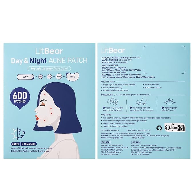 LitBear Pimple Patches for Face, 600 Counts Day and Night Acne Patches, Hydrocolloid Patches for Covering Zit and Blemishes, Large Breakouts, 5 Sizes Thin & Thick Spot Dots Stickers for Chin, Forehead