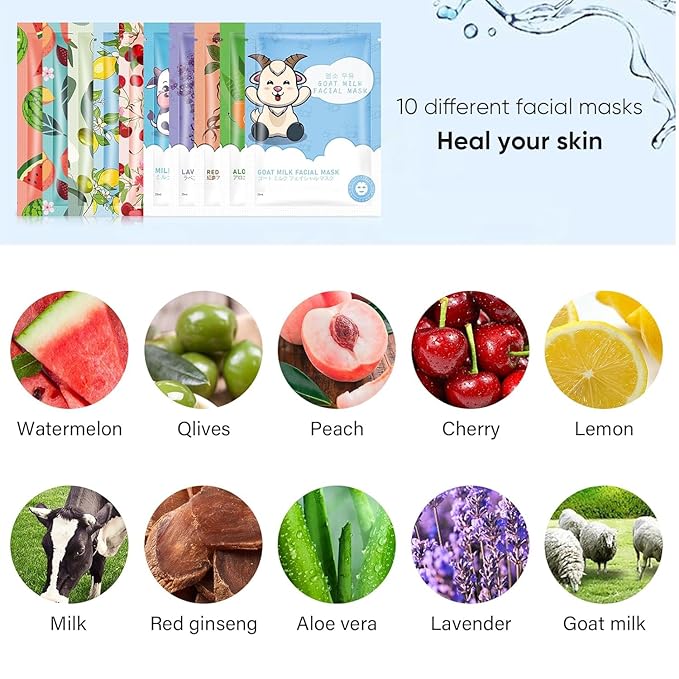 20 Pack Sheets Face Masks Skincare for All Skin Types, Hydrating Facial Masks, Watermelon, Aloe Vera, Peach, Oil Contral, Bulk Facial Mask for Women, Moisture Face sheet Masks for Spa
